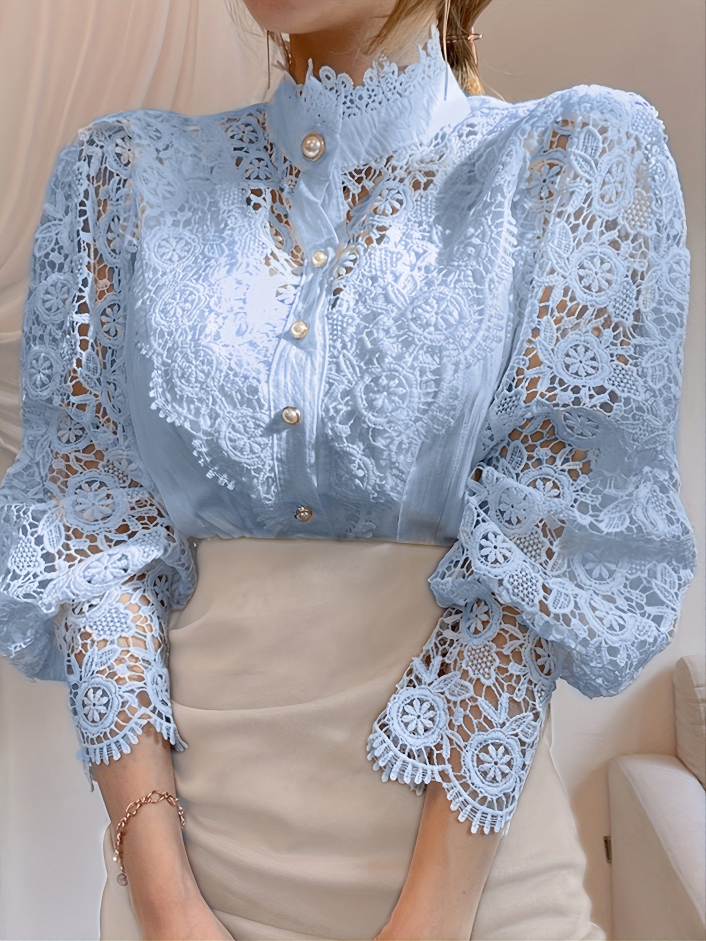 [Pearl Button Blouse] Pearl Button Elegant Victorian-Inspired Lace Blouse - Long Sleeve Mock Neck Green Polyester Pleated Design for Women, Perfect for Halloween Cosplay & Gothic Fashion SS69