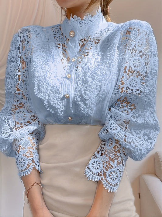 [Pearl Button Blouse] Pearl Button Elegant Victorian-Inspired Lace Blouse - Long Sleeve Mock Neck Green Polyester Pleated Design for Women, Perfect for Halloween Cosplay & Gothic Fashion SS69