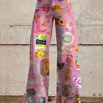 1 Pair of European And American Women'S Retro Style Denim High Waist Wide Trousers, Casual Style, Creative Printing, Suitable for Wearing in All Seasons Denim Women'S Trendy Trousers SS69 33.69 Multicolor / XXL