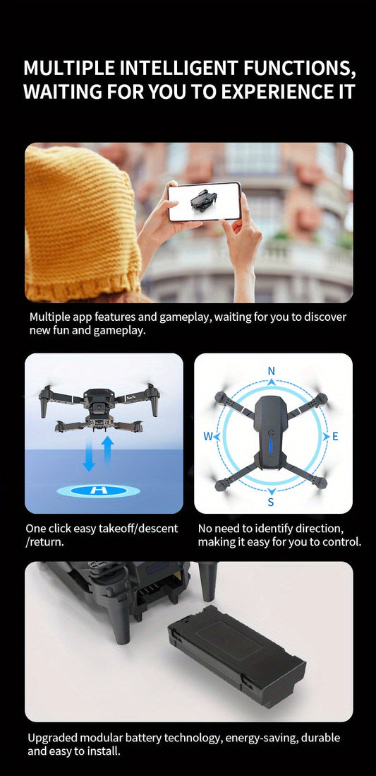 E88 Pro Version 2025 HD Dual Camera Drone with Screen Control - No Cellphone Required, One-Key Takeoff, Wi-Fi App Control, USB Charging, Durable & Reliable, Ideal for Beginners, Perfect Gift for Outdoor Camping and Vloggin SS69
