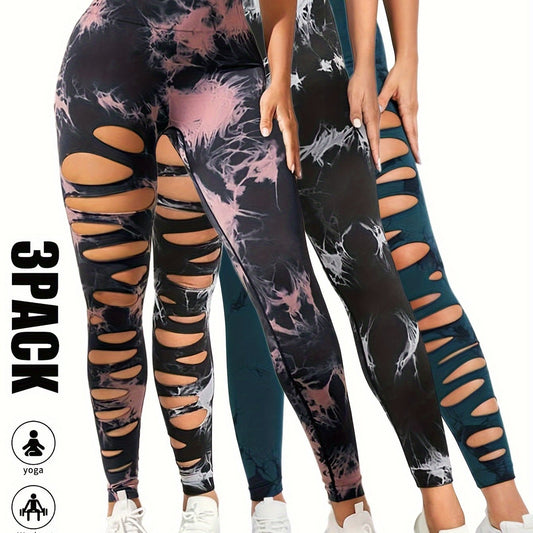 3 Pack High Waist Tie Dye Cutout Yoga Leggings - Scrunch Butt Lifting, Tummy Control, Elastic Workout Pants for Women SS69 42.69 3 Pack-BPN-BWH-DGN / S