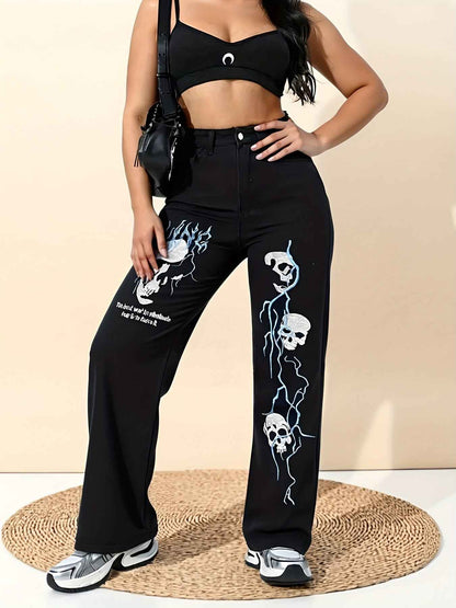 Women's High-Waisted Wide-Leg Jeans with Gothic Skull & Bone Embellishments - Black & White Stretch Pants, All-Season Casual Streetwear, /Edgy Outfits (Machine Washable) - Loose Fit Trousers with Pockets