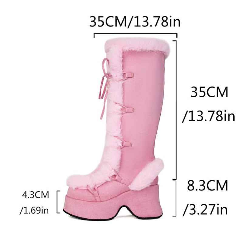 Women's Y2K Goth Boots/Faux Fur Knee-High Platform Winter/Chunky Heel & Lace-Up Closure/Warm Pink Furry Collar/Square Toe/Thick Rubber Sole & PU Cover/Cozy Snow Boots for Christmas, Parties & Casual Attire/Cold Weather Footwe