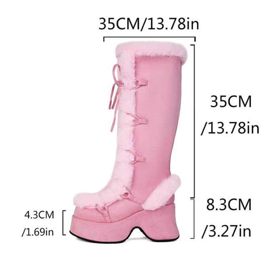 Women's Y2K Goth Boots/Faux Fur Knee-High Platform Winter/Chunky Heel & Lace-Up Closure/Warm Pink Furry Collar/Square Toe/Thick Rubber Sole & PU Cover/Cozy Snow Boots for Christmas, Parties & Casual Attire/Cold Weather Footwe
