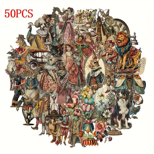 50-Pack Victorian Era Themed Waterproof Stickers - Transparent PET Material, Vintage Illustrations of Animals, Clockwork Machines & Floral Designs - Perfect for DIY Decoration on Skateboards, Phone Cases & Guitars, Vintage Cr SS69 7.69 2sets