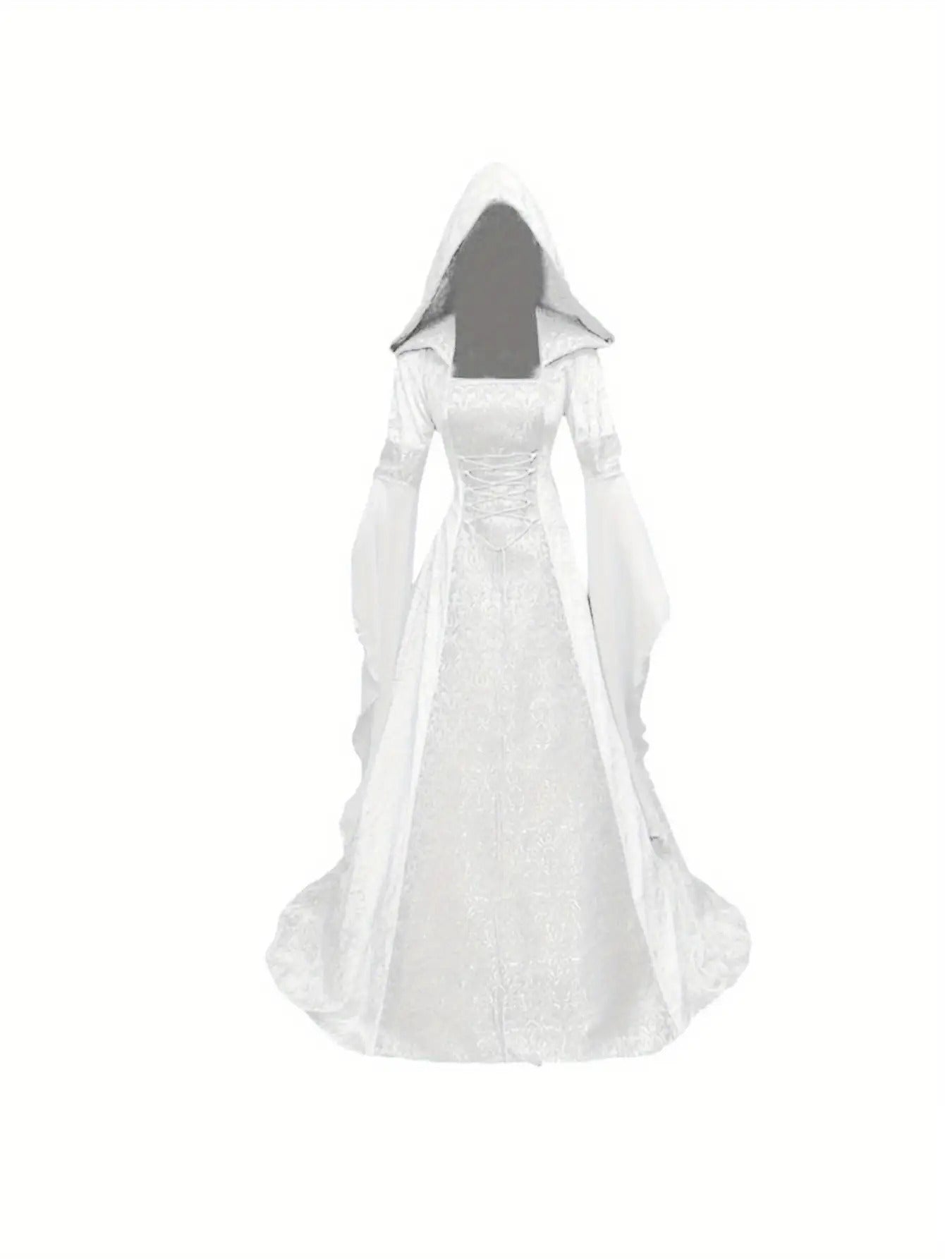 Women's Medieval Renaissance Wedding Dress & Costume - Off-Shoulder/Boat Neck Hooded Waist A-Line Dress with Slim-Fit Bodice & Flowing Train, Machine Washable Renaissance Faire Outfit for Renaissance-Themed Events, Weddings,
