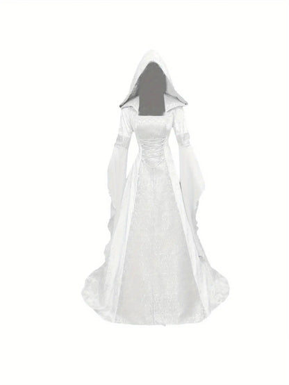 Women's Medieval Renaissance Wedding Dress & Costume - Off-Shoulder/Boat Neck Hooded Waist A-Line Dress with Slim-Fit Bodice & Flowing Train, Machine Washable Renaissance Faire Outfit for Renaissance-Themed Events, Weddings,