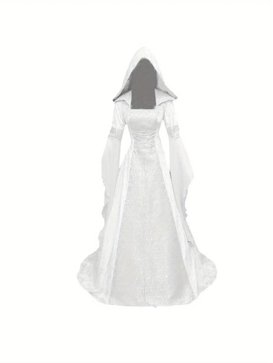 Women's Medieval Renaissance Wedding Dress & Costume - Off-Shoulder/Boat Neck Hooded Waist A-Line Dress with Slim-Fit Bodice & Flowing Train, Machine Washable Renaissance Faire Outfit for Renaissance-Themed Events, Weddings,
