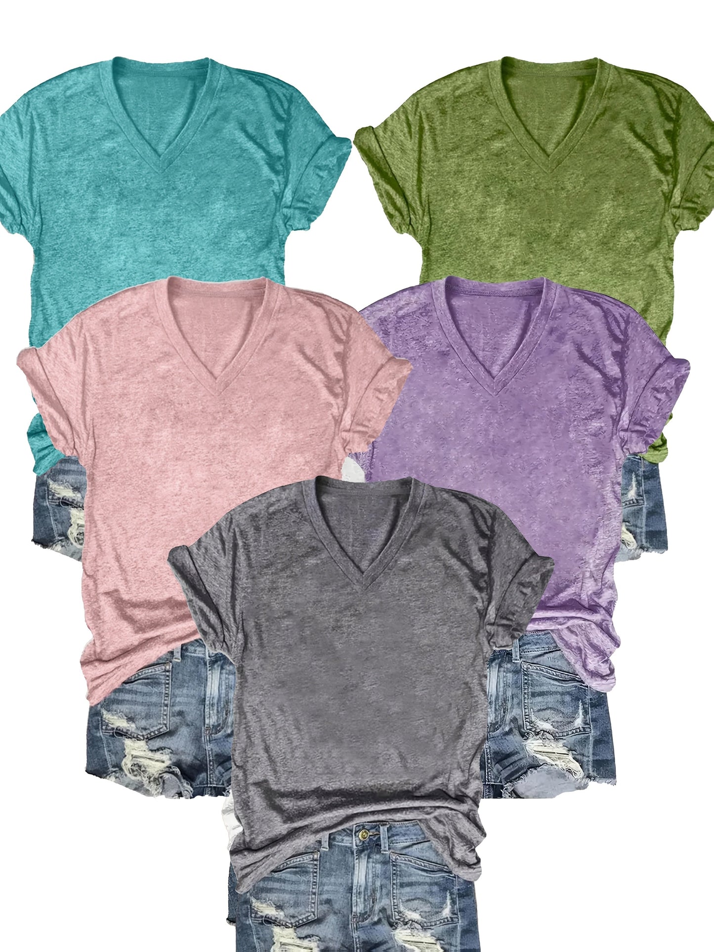5 Solid Color V-Neck T-Shirts, Casual Short-Sleeved T-Shirts Spring And Summer, Women'S Clothing SS69