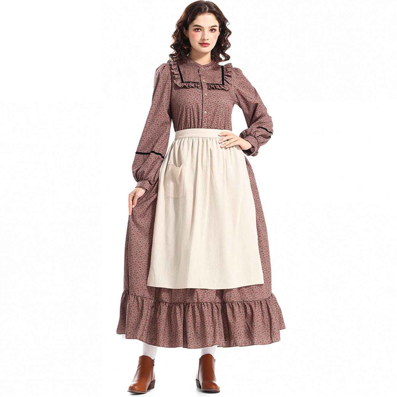 Women's Victorian-Inspired Victorian Maid Dress - Brown & A-Line Full-Length Skirt Set with Ruffled Collar & Waist Belt, Loose-Fit Long Sleeve Costume for Renaissance Fairs, Historical Role-Play & Themed Parties (No Lining)