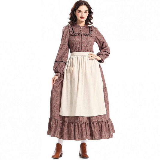 Women's Victorian-Inspired Victorian Maid Dress - Brown & A-Line Full-Length Skirt Set with Ruffled Collar & Waist Belt, Loose-Fit Long Sleeve Costume for Renaissance Fairs, Historical Role-Play & Themed Parties (No Lining)