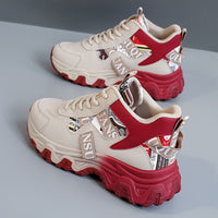Women'S 2025 Spring/Summer High-Top Sneakers - Casual, Breathable, Thick Sole Running Shoes with Lace-Up Closure, Synthetic Upper, PVC Sole, and Stylish Red & Beige Design for Outdoor Activities, Casual Footwear | Trendy Casu SS69