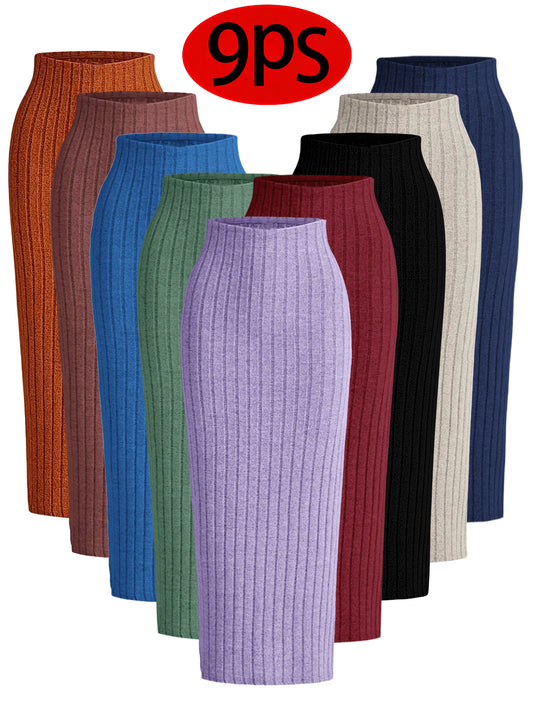 Plus Size, 9pcs Plus-Size Women's Elegant Pencil Skirts - Fit Short to Long Lengths, Multi-Color (9 Colors) Suitable for, Party, Wedding - Machine Washable All-Season Skirts