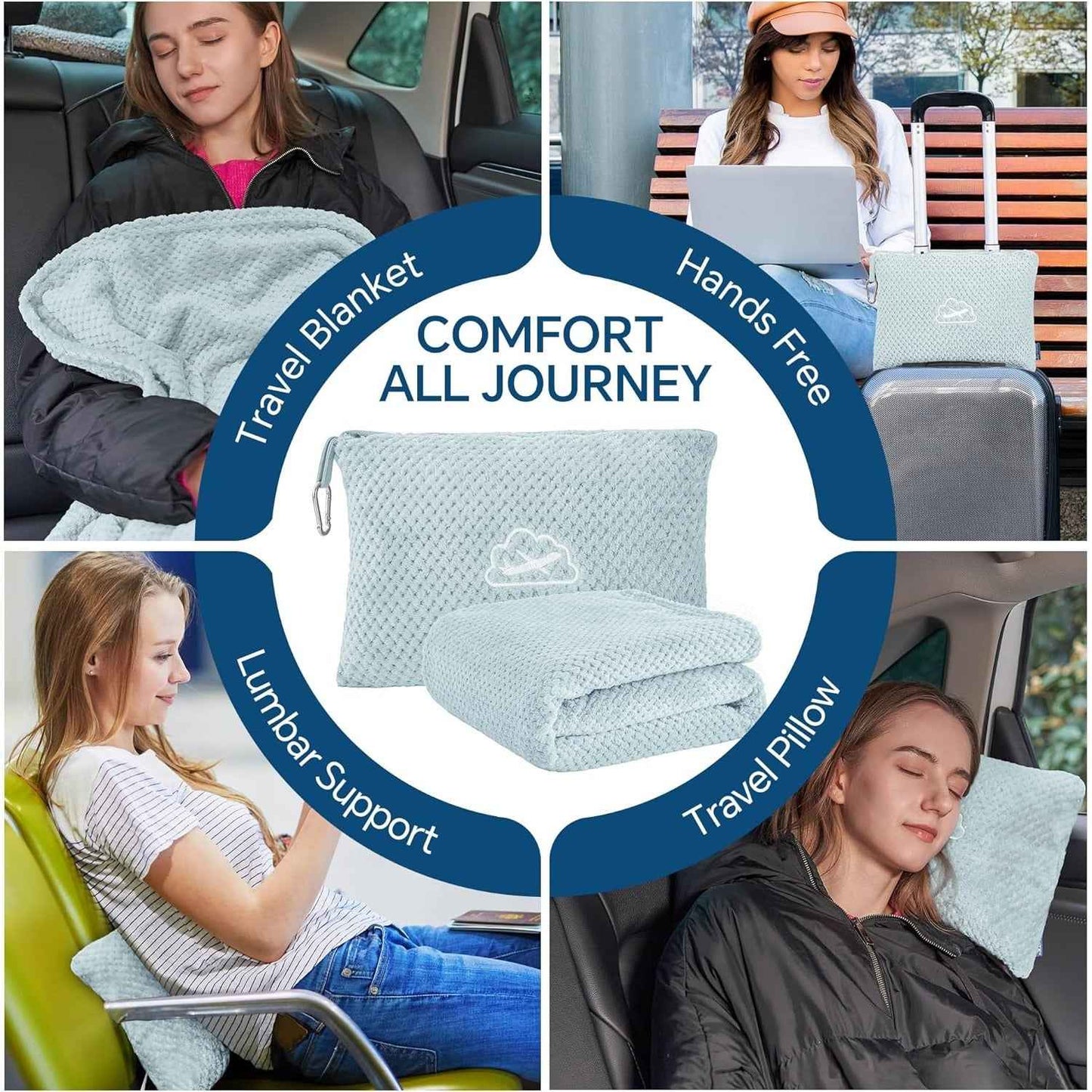 2-in-1 Ultra-Soft Flannel Travel Blanket with Pillow Travel Blanket Airplane Compact with Bag, Portable And Packable 2in 1 Jacquard Travel Pillow And Blanket Set, for Office, Sofa, Airplane & Car with Luggage Cover & Backpack