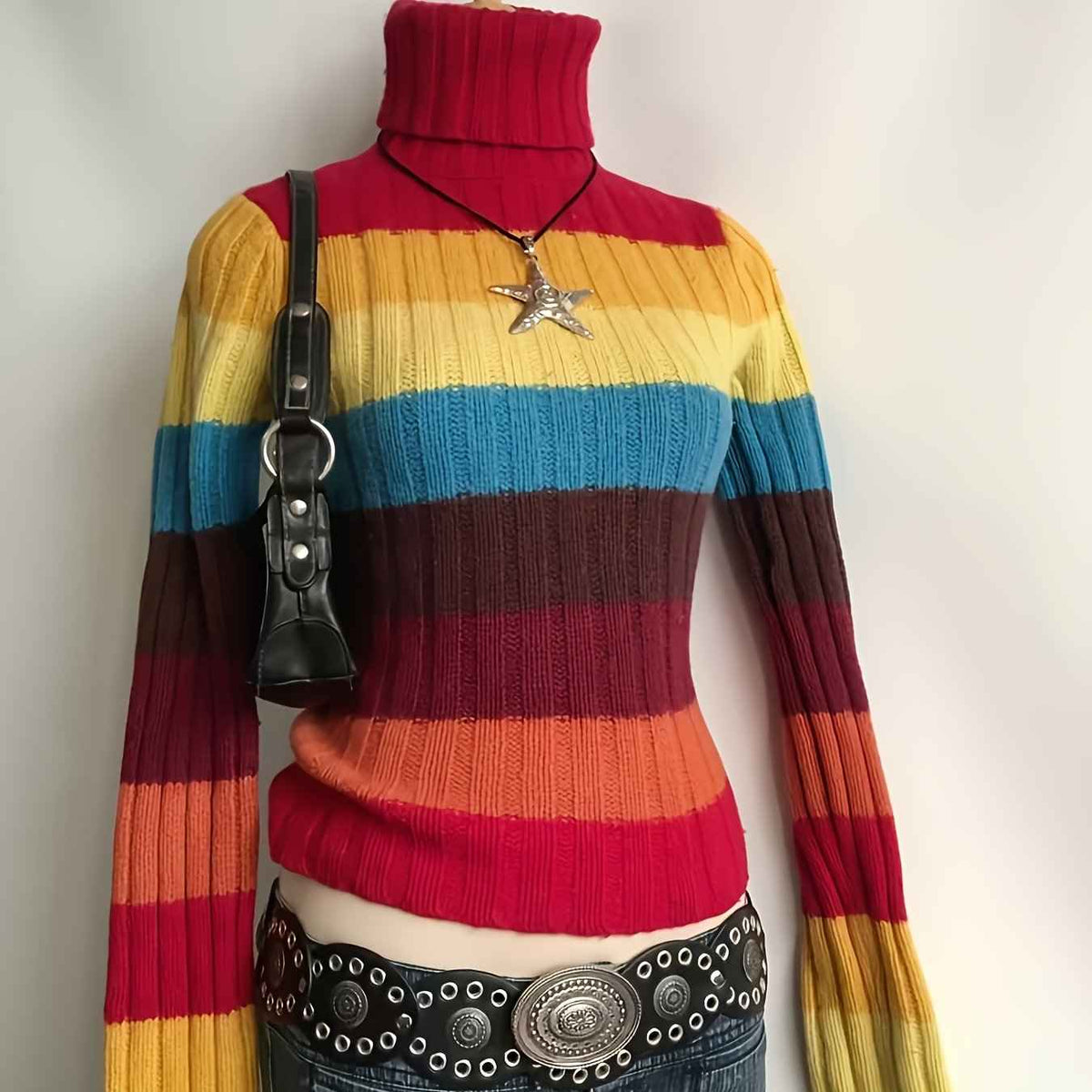 Y2K Retro Sweater, Multicolor Horizontal Striped Gothic Punk Rock Rainbow, Winter Warm Collar Long Sleeve Coat, Machine Washable Layered Outfit, Pink/Blue/Yellow/Black/Brown