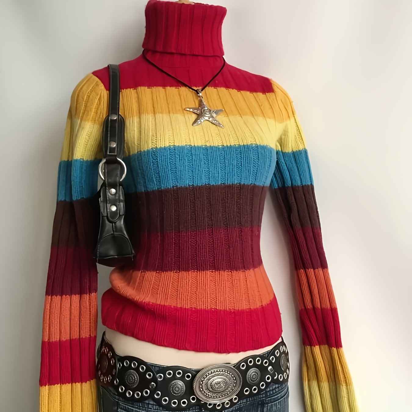 Y2K Retro Sweater, Multicolor Horizontal Striped Gothic Punk Rock Rainbow, Winter Warm Collar Long Sleeve Coat, Machine Washable Layered Outfit, Pink/Blue/Yellow/Black/Brown