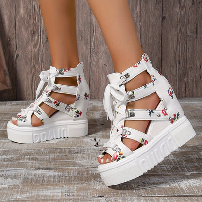 Women's Floral Vintage Sandals, Back Zipper Platform Hollow Lace Up Shoes, Summer Breathable Wedge Holiday Shoes SS69
