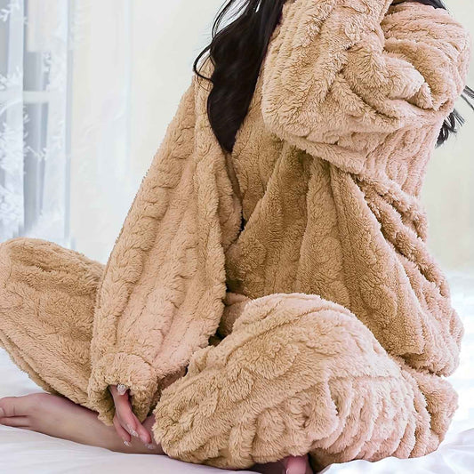 Solid Color Plus Size Women's Cozy Fleece Pajama Set - Soft Long Sleeve Round Neck Top & Pants, Casual Style, Perfect for Fall/Winter, Comfortable Sleepwear|Casual Style Pajamas|Soft Fleece Material