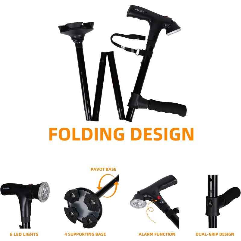 Heavy-Duty Folding Cane with LED Light & Alarm - Adjustable Height (5-Tier/83.82cm-96.52cm) Cane Suitable for, Stick with Pivoting Quad Base, Slip-Resistant Tip, T-Handle & Wrist Strap (Collapsible Crutch)