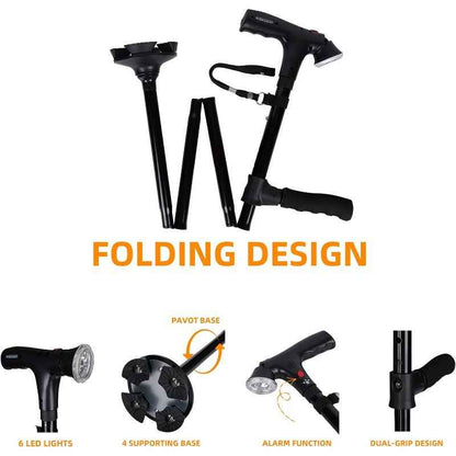 Heavy-Duty Folding Cane with LED Light & Alarm - Adjustable Height (5-Tier/83.82cm-96.52cm) Cane Suitable for, Stick with Pivoting Quad Base, Slip-Resistant Tip, T-Handle & Wrist Strap (Collapsible Crutch)