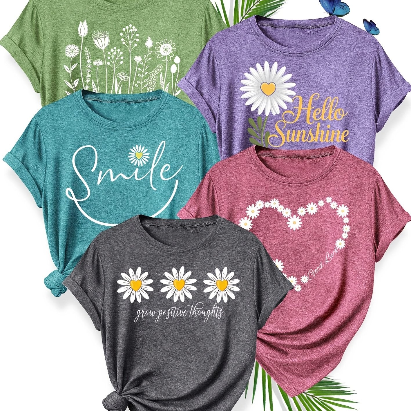 5pcs Women'S Casual Crew Neck Short Sleeve T-Shirts - Floral, Heart, and Smile Print Designs in Purple, Green, Pink, and Blue - Soft Stretch Fabric for Spring, Summer, and Fall, Plus Sizes Available, Plus Size Tee | Floral Pr SS69 48.69 Grass Green Peacock Blue Dark Space Gray Purple Br