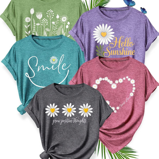 5pcs Women'S Casual Crew Neck Short Sleeve T-Shirts - Floral, Heart, and Smile Print Designs in Purple, Green, Pink, and Blue - Soft Stretch Fabric for Spring, Summer, and Fall, Plus Sizes Available, Plus Size Tee | Floral Pr SS69 48.69 Grass Green Peacock Blue Dark Space Gray Purple Br