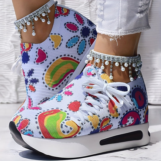 Fabric Upper Low Top Women's Fashion Sneakers, Casual Lace-up Printed Shoes, MD Sole, Fabric Lining, Random Print, All-Season - SS69