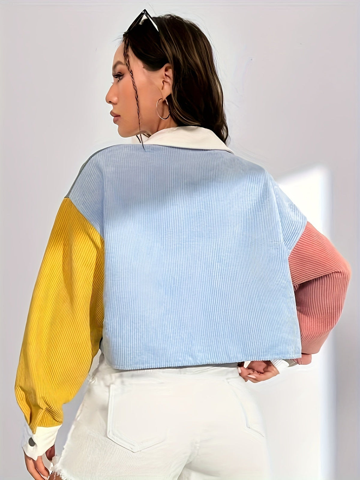 Off Shoulder Jacket - Color Block Letter Patch, Stylish for Casual Wear SS69