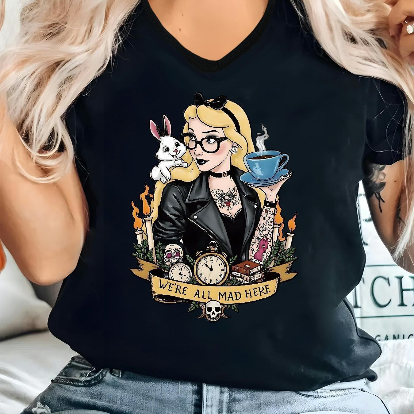 Women'S Gothic Style V-Neck T-Shirt with Alice in Wonderland Print - High-Quality Casual Short Sleeve Top, Floral Design, Perfect for Commuting & Gifting, Halloween & Christmas Horror Night Theme, Halloween Shirts SS69 14.69 Black / XXL
