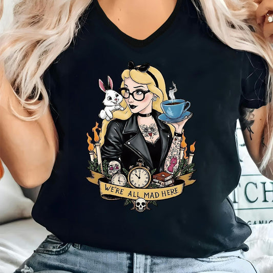 Women'S Gothic Style V-Neck T-Shirt with Alice in Wonderland Print - High-Quality Casual Short Sleeve Top, Floral Design, Perfect for Commuting & Gifting, Halloween & Christmas Horror Night Theme, Halloween Shirts SS69 14.69 Black / XXL