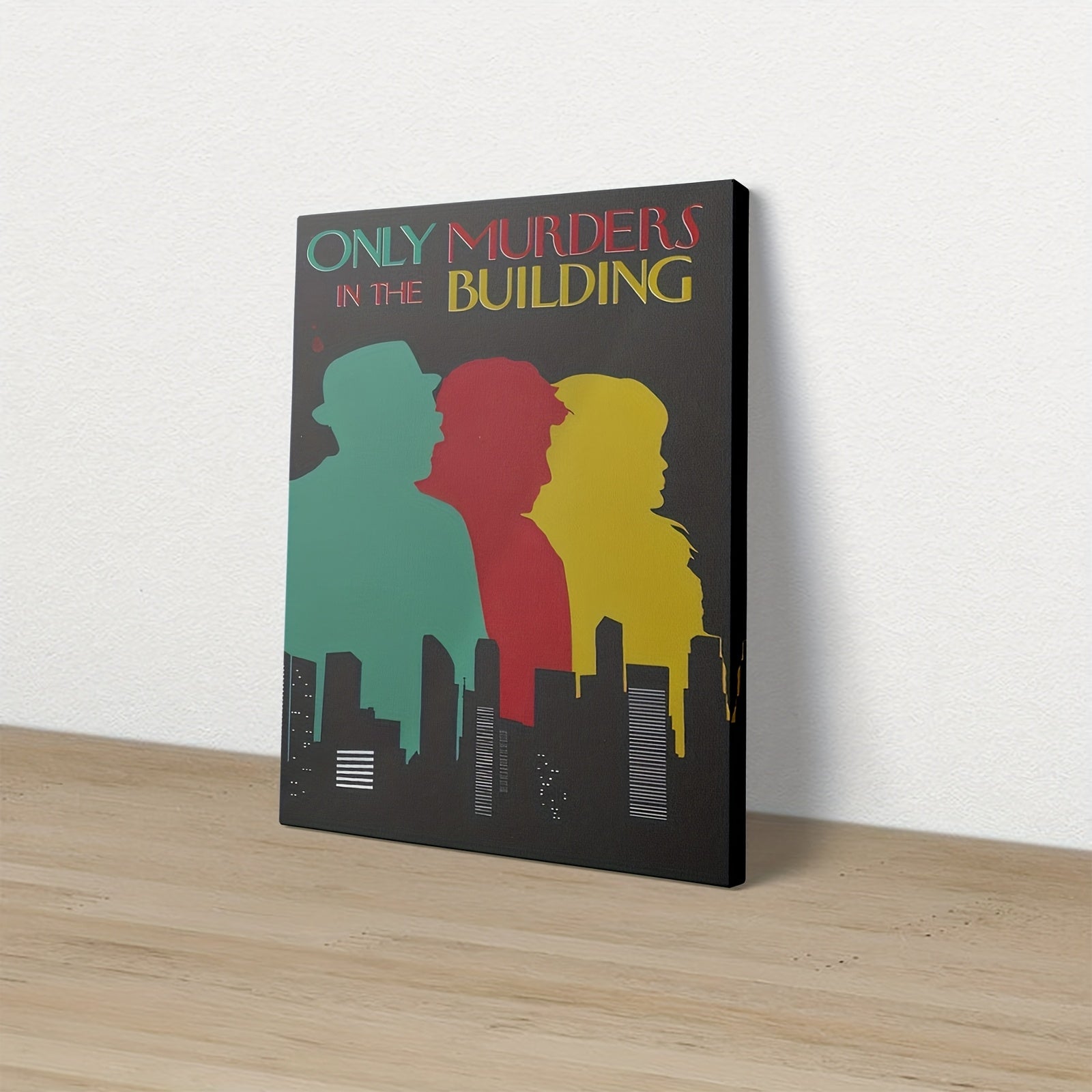 1pc Framed Canvas Painting - Only Murders in the Building Inspired Mystery Drama Decor - Dark Background with Green, Red, Yellow - Ready-to-Hang for Living Room, Office, Cafe - True Crime Fan Gift Idea - Framed Flat Canvas Wa SS69