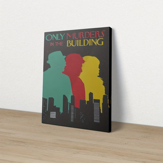 1pc Framed Canvas Painting - Only Murders in the Building Inspired Mystery Drama Decor - Dark Background with Green, Red, Yellow - Ready-to-Hang for Living Room, Office, Cafe - True Crime Fan Gift Idea - Framed Flat Canvas Wa SS69