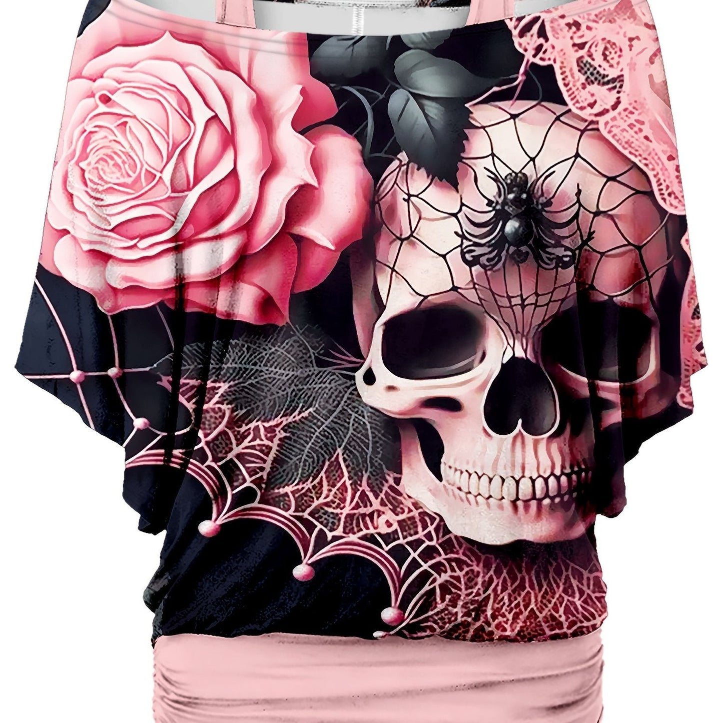 Dark Pink Women's Gothic Skull & Rose Print T-Shirt - Off-Shoulder, Loose Fit, Short Sleeve, Black Spider Web & Lace Detailing, Casual Summer Top, Relaxed Fit Tee | Unique Print Top | Digital Print Fabric, Goth T Shirt SS69 21.69 Pink Red Color / 5XL