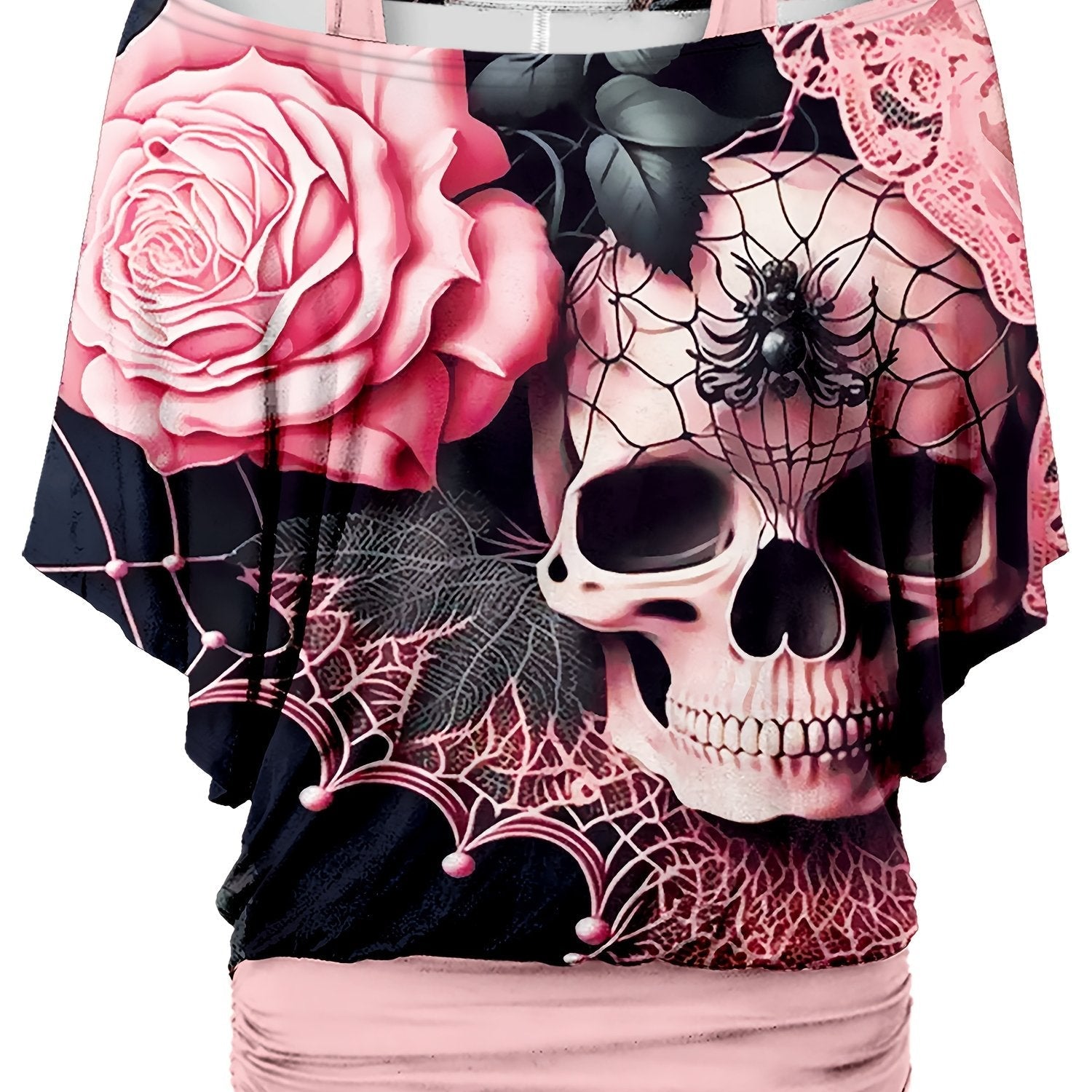 Dark Pink Women's Gothic Skull & Rose Print T-Shirt - Off-Shoulder, Loose Fit, Short Sleeve, Black Spider Web & Lace Detailing, Casual Summer Top, Relaxed Fit Tee | Unique Print Top | Digital Print Fabric, Goth T Shirt SS69 21.69 Pink Red Color / 5XL