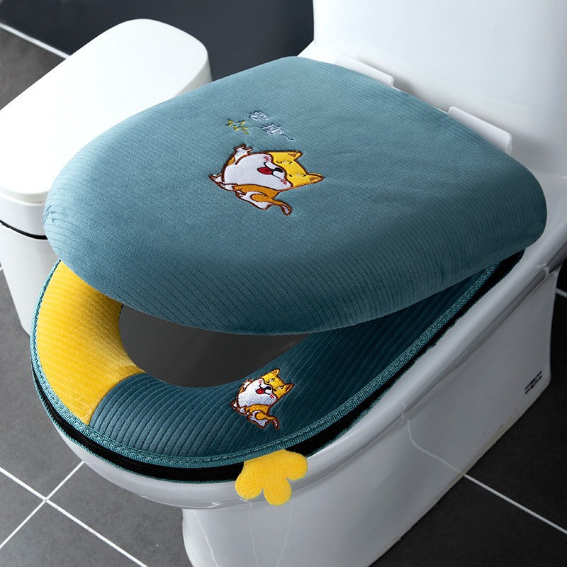 2pcs/3pcs Winter-Themed Toilet Seat Cover Set, Soft Plush Padded Covers, with Embroidered Cartoon Design, Easy to Clean, Portable, with Zipper Closure for All Seasons SS69
