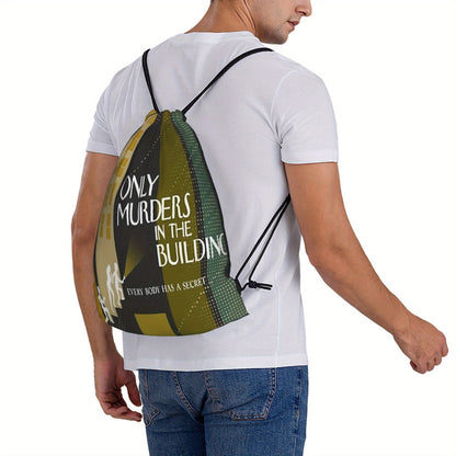 In The Building Drawstring Backpack - True Crime Inspired "Only Murders in the Building" Graphic, Gym, Travel, School, Everyday Bag - Drawstring Closure, Machine Washable - for Men & Women (Green/Black/), True Crime Enthusias SS69