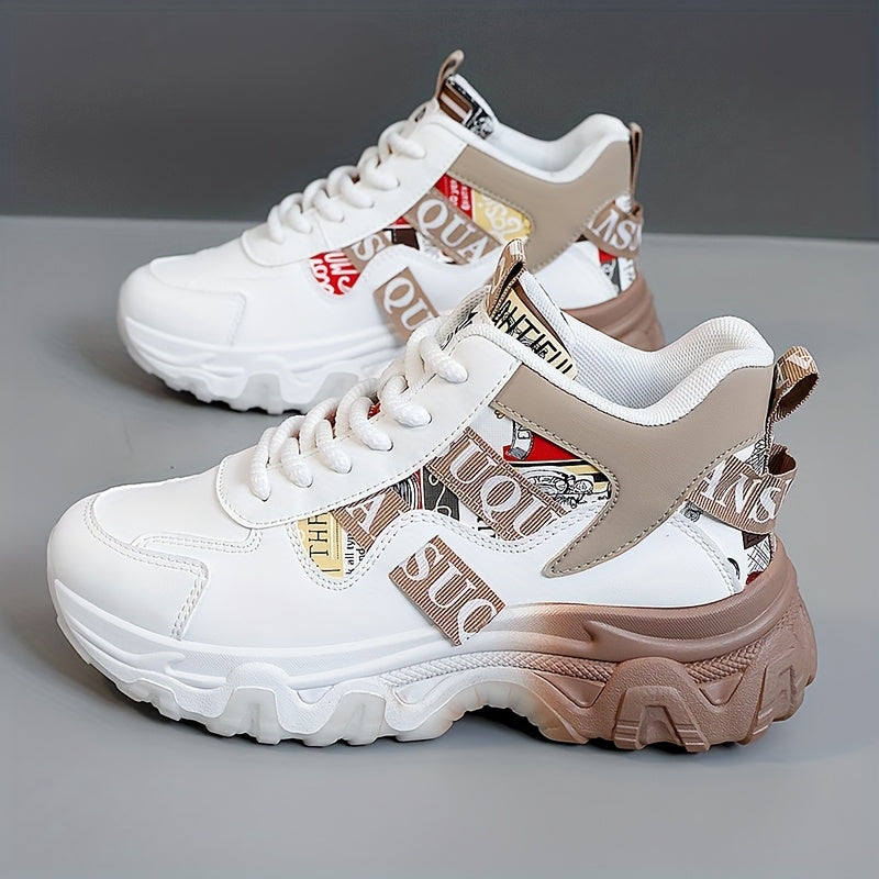 Women'S 2025 Spring/Summer High-Top Sneakers - Casual, Breathable, Thick Sole Running Shoes with Lace-Up Closure, Synthetic Upper, PVC Sole, and Stylish Red & Beige Design for Outdoor Activities, Casual Footwear | Trendy Casu SS69