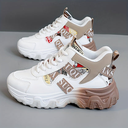 Women'S 2025 Spring/Summer High-Top Sneakers - Casual, Breathable, Thick Sole Running Shoes with Lace-Up Closure, Synthetic Upper, PVC Sole, and Stylish Red & Beige Design for Outdoor Activities, Casual Footwear | Trendy Casu SS69