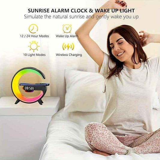 RGB Night Light with 256 Color Changes Fast Wireless Charging Phone Bedside Lamp Ambient Lighting Bluetooth Speaker Alarm Simulation Clock Timer Desktop Decor Smart Home for Samsung for iPhone 17 AirPods Sunrise Simulation Fu
