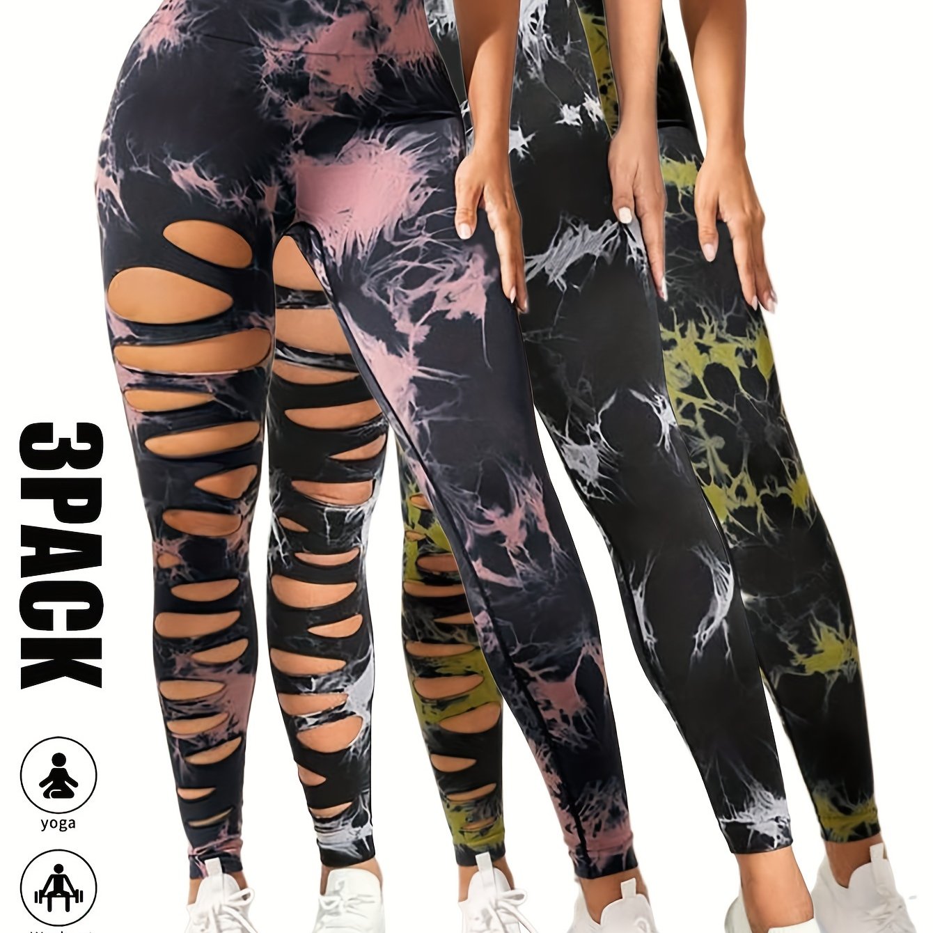 3 Pack High Waist Tie Dye Cutout Yoga Leggings - Scrunch Butt Lifting, Tummy Control, Elastic Workout Pants for Women SS69 42.69 3 Pack-BPN-BWH-LGN / L