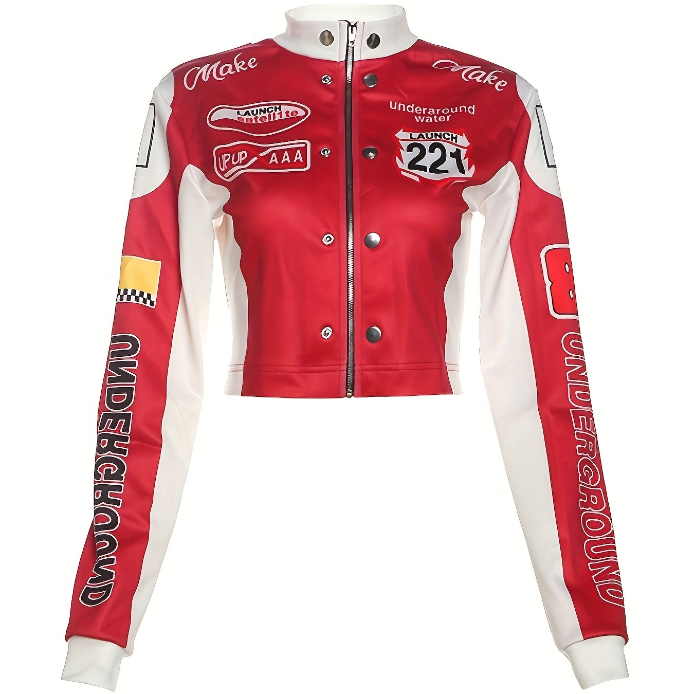 Women's Trendy Streetwear Letter Print Cropped Bomber Jacket - Red & White Casual Zip-Up with Graphic Design, Lightweight Polyester Blend for All Seasons, Fashion Forward Clothing | Trendy Casual Jacket | Polyester Blend Jack SS69