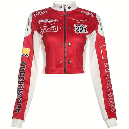 Women's Trendy Streetwear Letter Print Cropped Bomber Jacket - Red & White Casual Zip-Up with Graphic Design, Lightweight Polyester Blend for All Seasons, Fashion Forward Clothing | Trendy Casual Jacket | Polyester Blend Jack SS69
