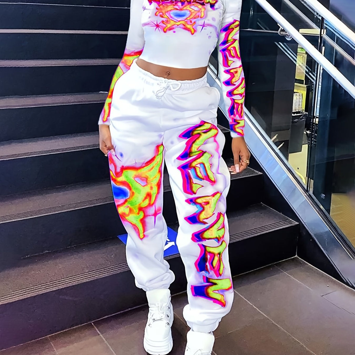 [Vibrant Y2K-Inspired Activewear Set] Vibrant Y2K-Inspired Heart & Letter Print Activewear Set - Long Sleeve Crop Top & Drawstring Joggers, Polyester/Spandex Blend, Perfect for Daily Fitness & Outdoor Fashion - SS69