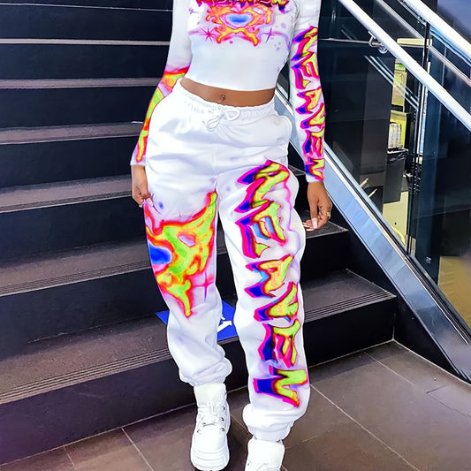 [Vibrant Y2K-Inspired Activewear Set] Vibrant Y2K-Inspired Heart & Letter Print Activewear Set - Long Sleeve Crop Top & Drawstring Joggers, Polyester/Spandex Blend, Perfect for Daily Fitness & Outdoor Fashion - SS69