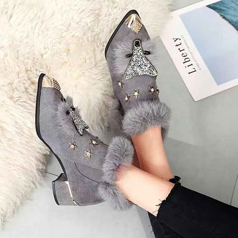 Fashio Pointed Toe faux fur Shoes for Women, Large Size, Fleece-Lined, Thick Heel, Thick Sole, Autumn Winter Warm Shoes