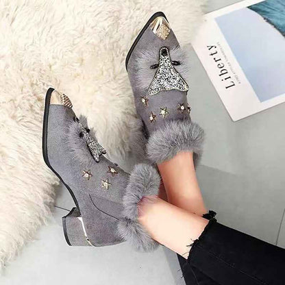 Fashio Pointed Toe faux fur Shoes for Women, Large Size, Fleece-Lined, Thick Heel, Thick Sole, Autumn Winter Warm Shoes
