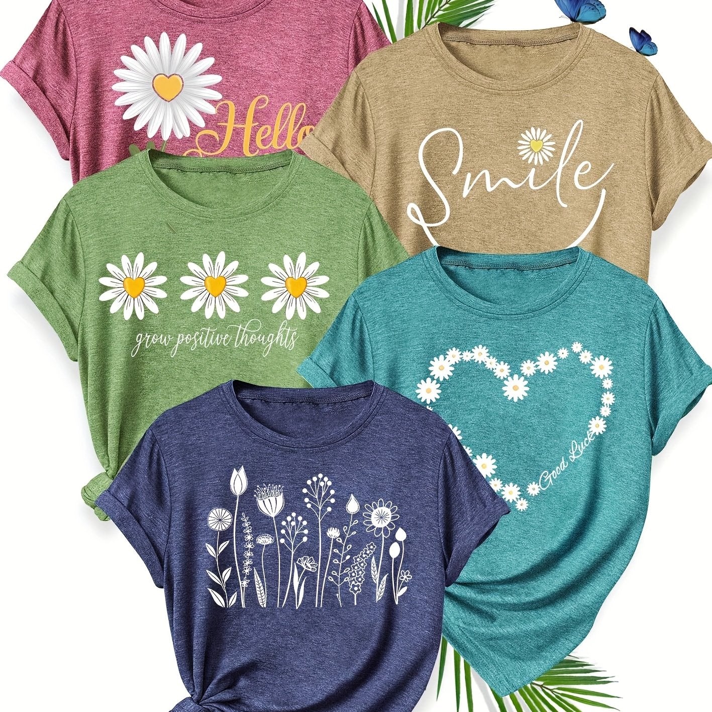 5pcs Women'S Casual Crew Neck Short Sleeve T-Shirts - Floral, Heart, and Smile Print Designs in Purple, Green, Pink, and Blue - Soft Stretch Fabric for Spring, Summer, and Fall, Plus Sizes Available, Plus Size Tee | Floral Pr SS69 48.69 Brick Red Grass Green Royal Blue Khaki Peacock Blu