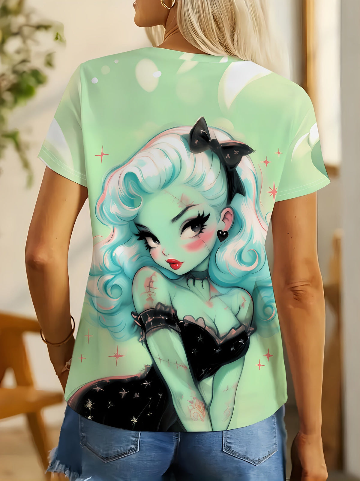 Women'S Mint Green Retro Gothic Graphic T-Shirt - Edgy Monster Print Tee, Lightweight Polyester Top for Cosplay, Parties & Everyday Streetwear - Non- Costume Shirt, Ladies T Shirts, Casual Wear, Vintage Style, Comfortable Fit SS69