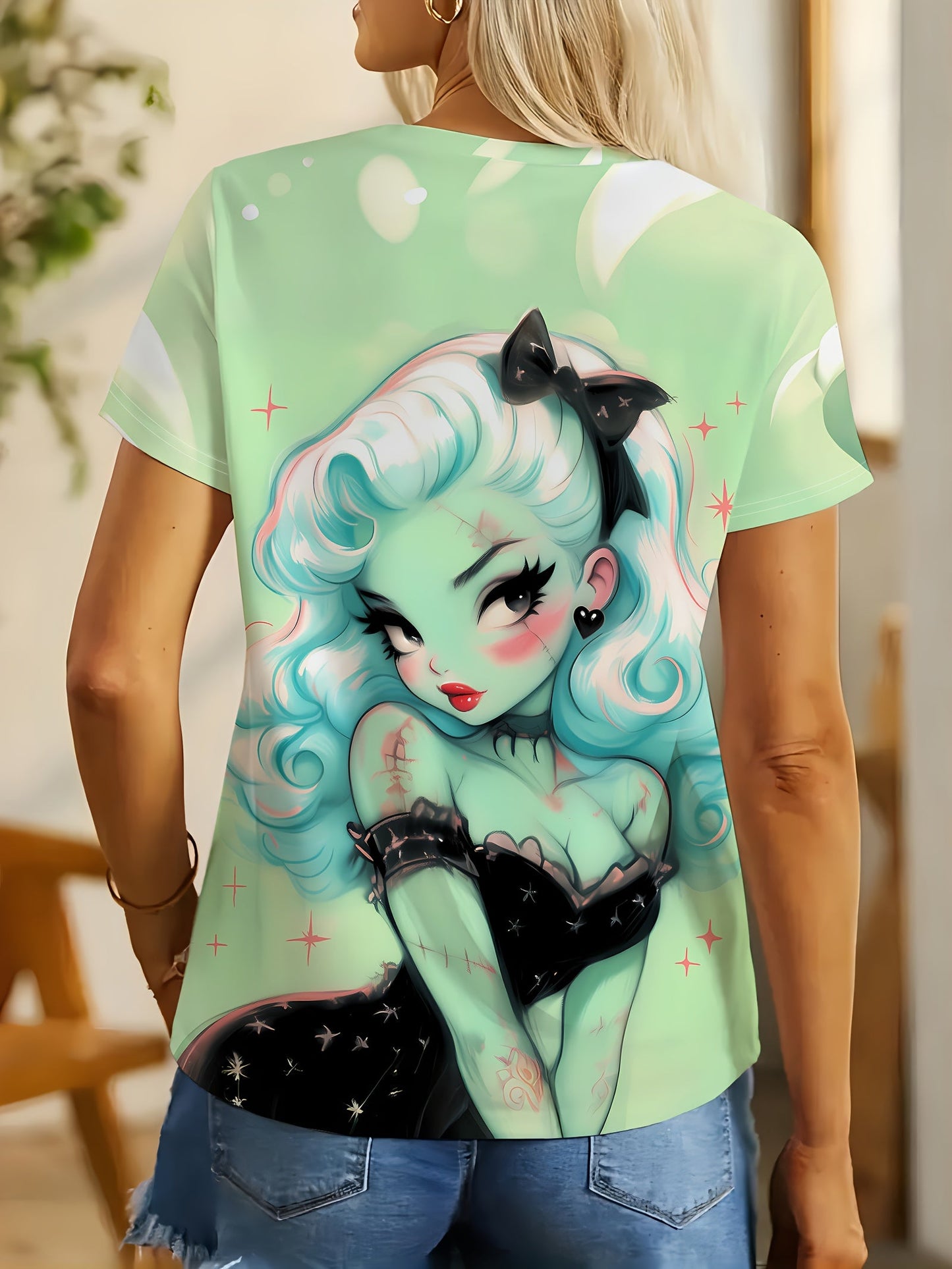 Women'S Mint Green Retro Gothic Graphic T-Shirt - Edgy Monster Print Tee, Lightweight Polyester Top for Cosplay, Parties & Everyday Streetwear - Non- Costume Shirt, Ladies T Shirts, Casual Wear, Vintage Style, Comfortable Fit SS69