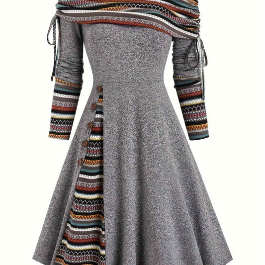 Ethnic Striped Splicing Dress, Elegant Off Shoulder Drawstring Dress, Women's Clothing